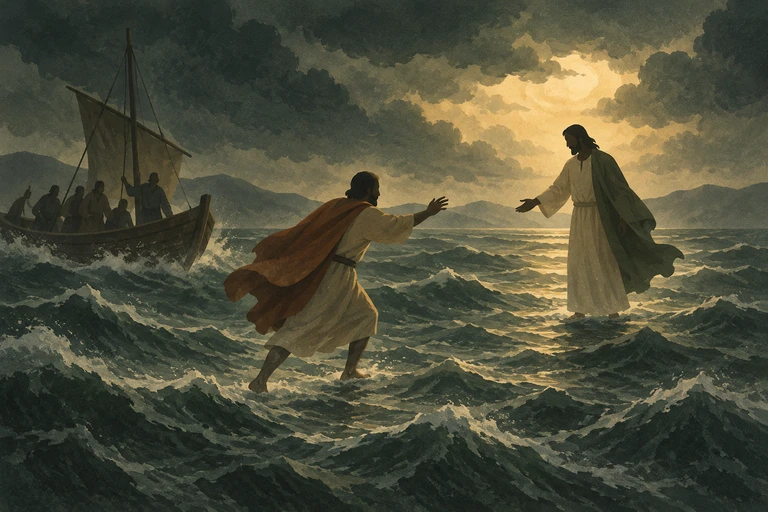 Peter steps toward Jesus on the water