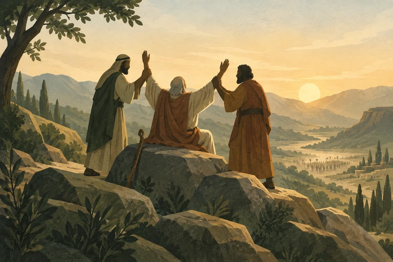 Aaron and Hur support Moses' raised hands