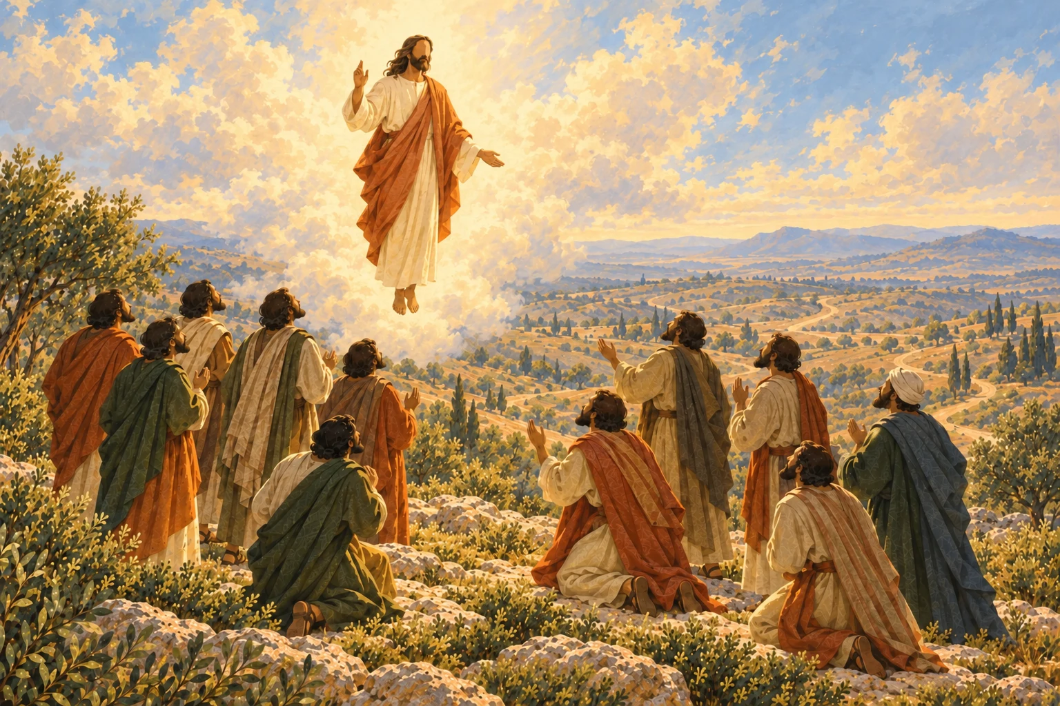 The risen Jesus blesses eleven disciples above a hillside, bringing together the Great Commission and the Ascension