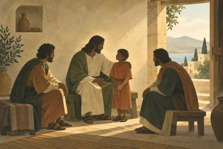 Jesus welcomes a child among the disciples